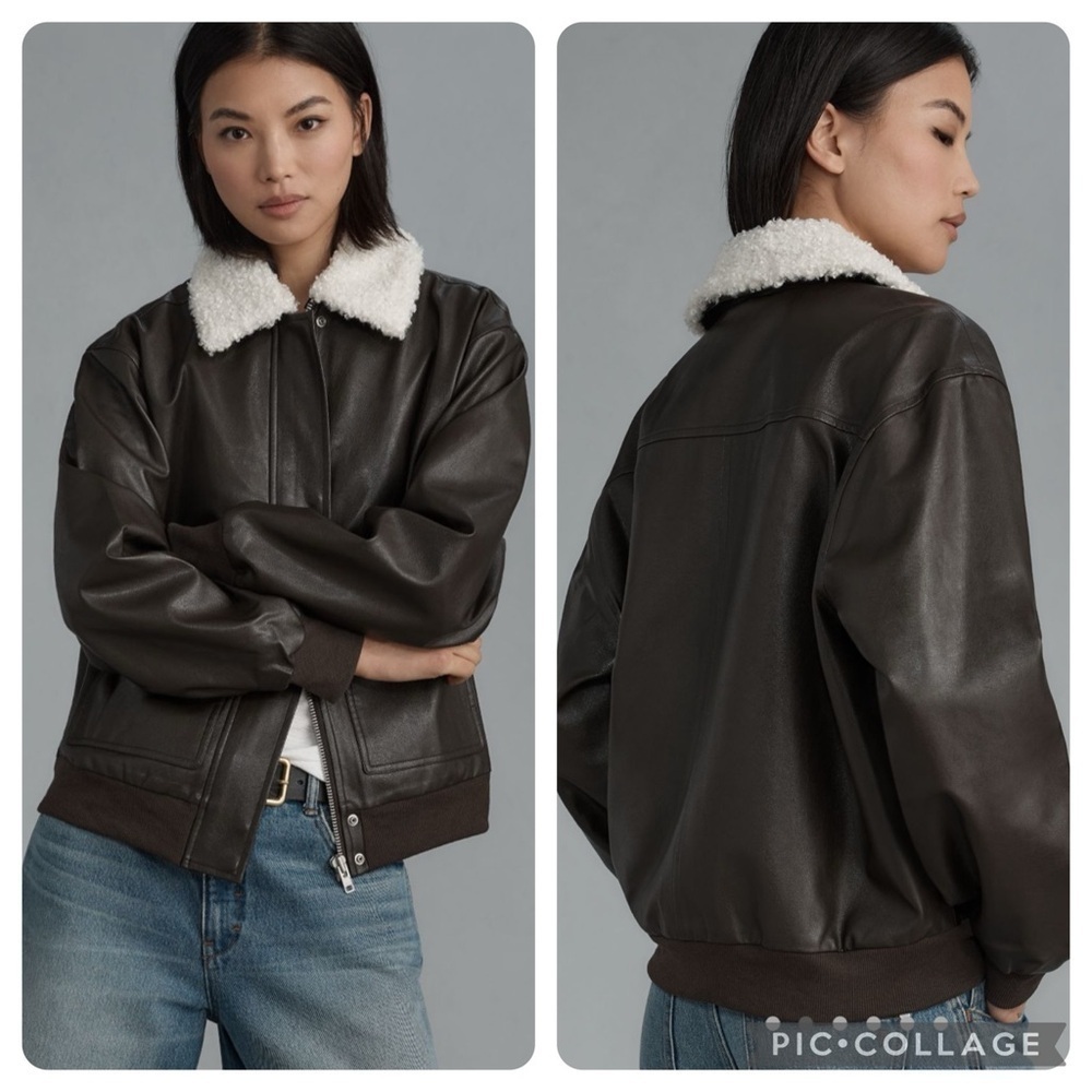 NWT new Anthropologie WAYF faux leather bomber jacket shearling collar XL brown